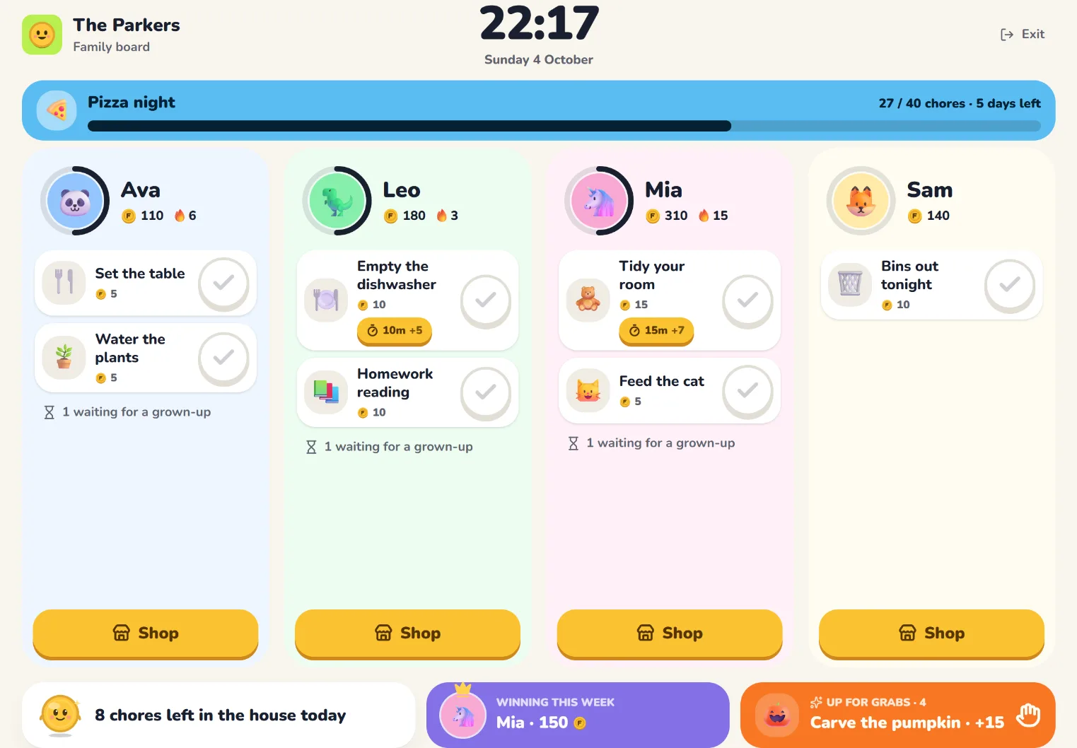 The Family Board on a tablet: a column for each family member with today's chores