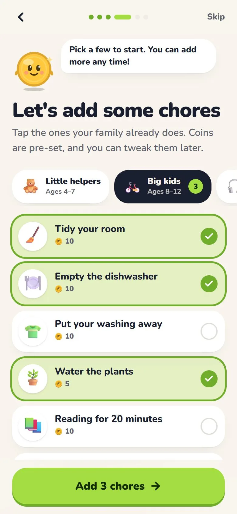 Choosing starter chores during set-up