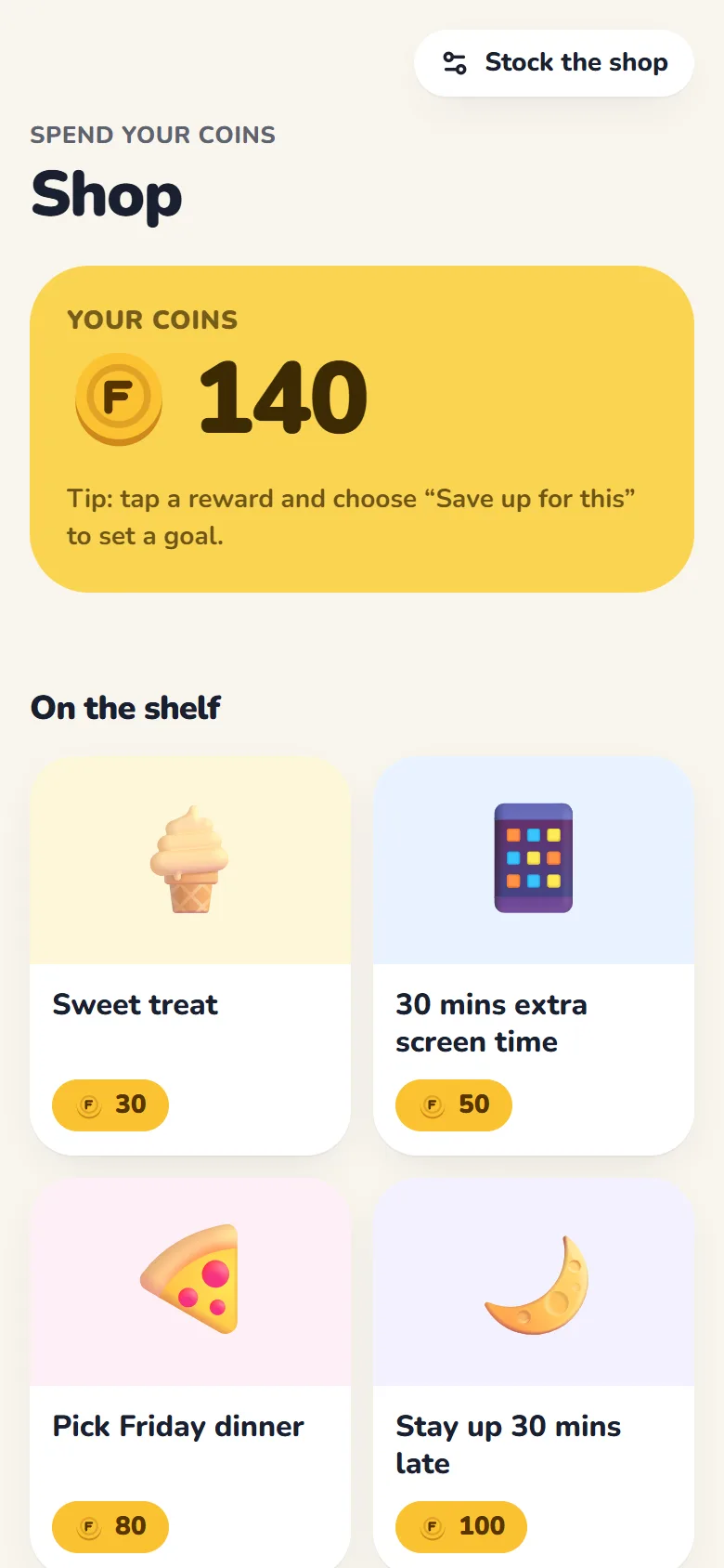 The family shop, where kids spend coins on rewards