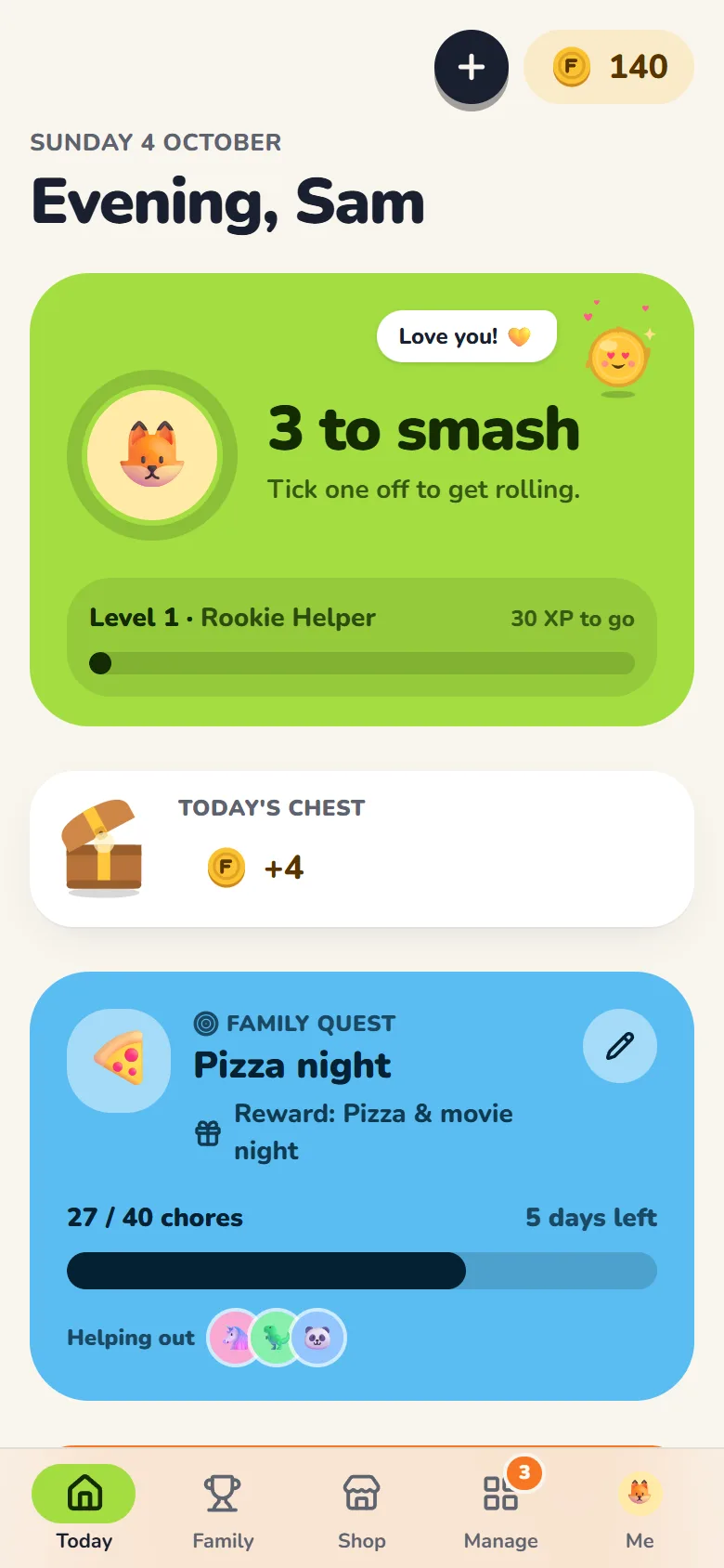 Famcho's Today screen: today's chores, coins and level